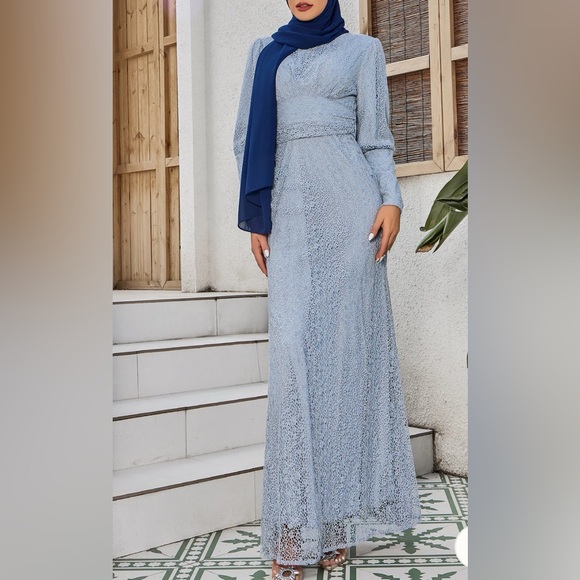 Urban Modesty GRAY LACE RUCHED WAIST LONG SLEEVE GOWN DRESS SIZE S - Picture 1 of 8